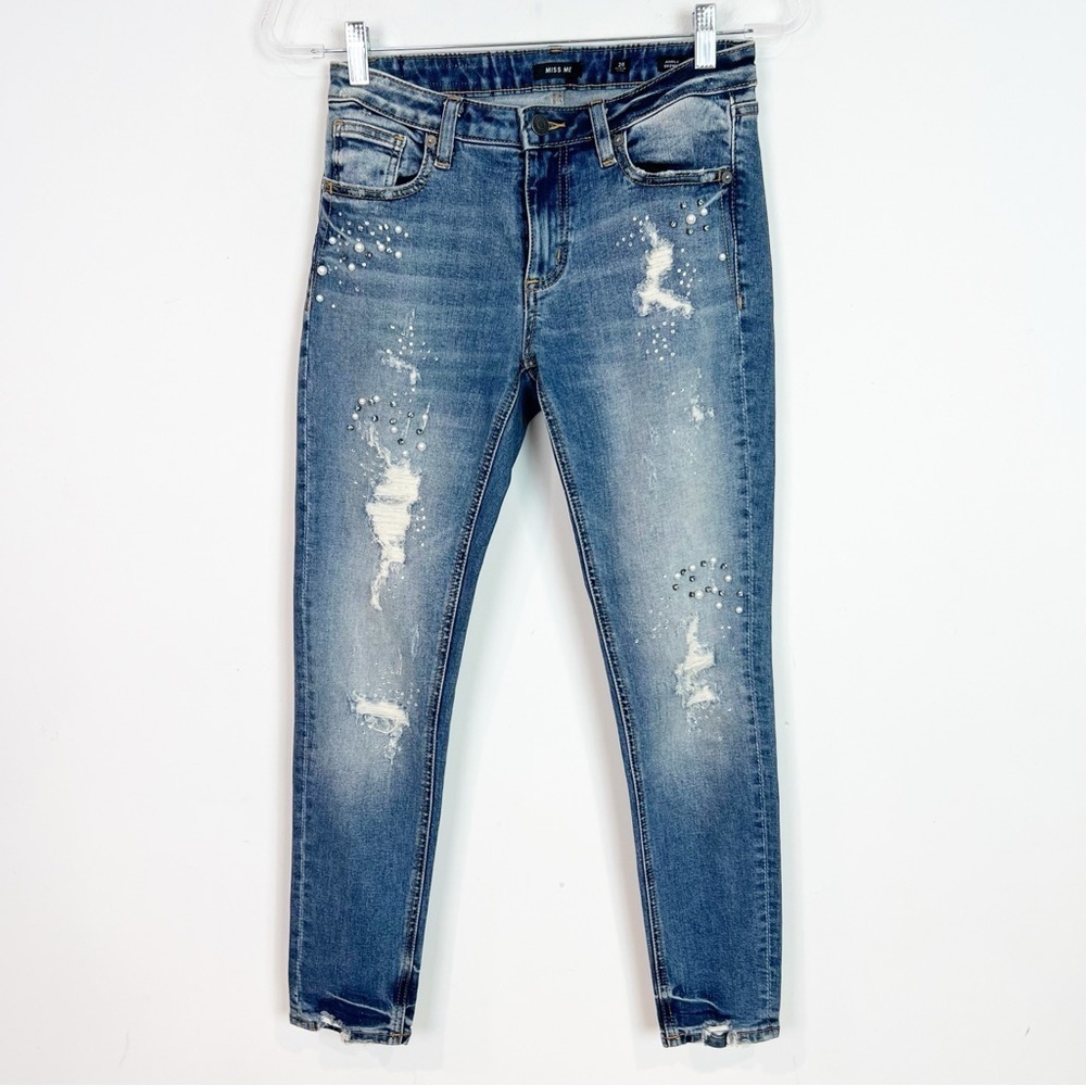 MISS ME DISTRESSED RHINESTONE FAUX PEARLS SKINNY JEANS WOMENS SZ 26